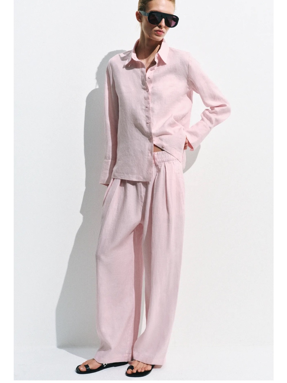 Zara Linen Wide-Leg Pants - Light Pink